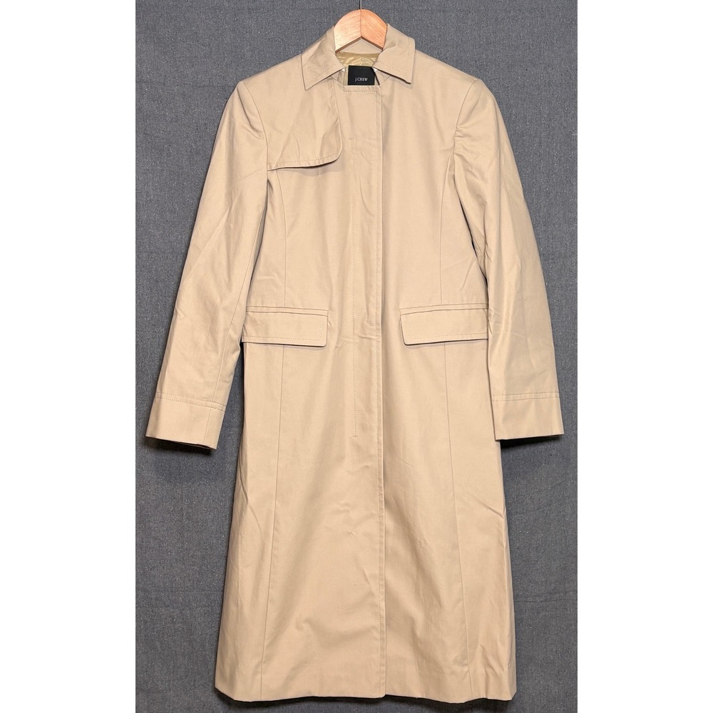 J.Crew Womens Khaki Beige Cotton Long Trench Coat Hidden Button Size 2